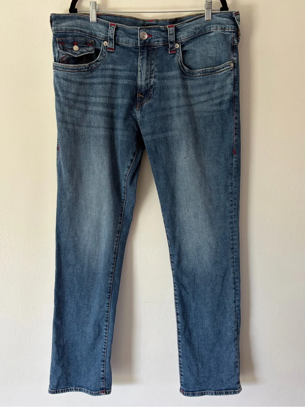 True Religion Ricky SN Flap Relaxed Straight Jeans Blue Red Stitch Y2K Size 38